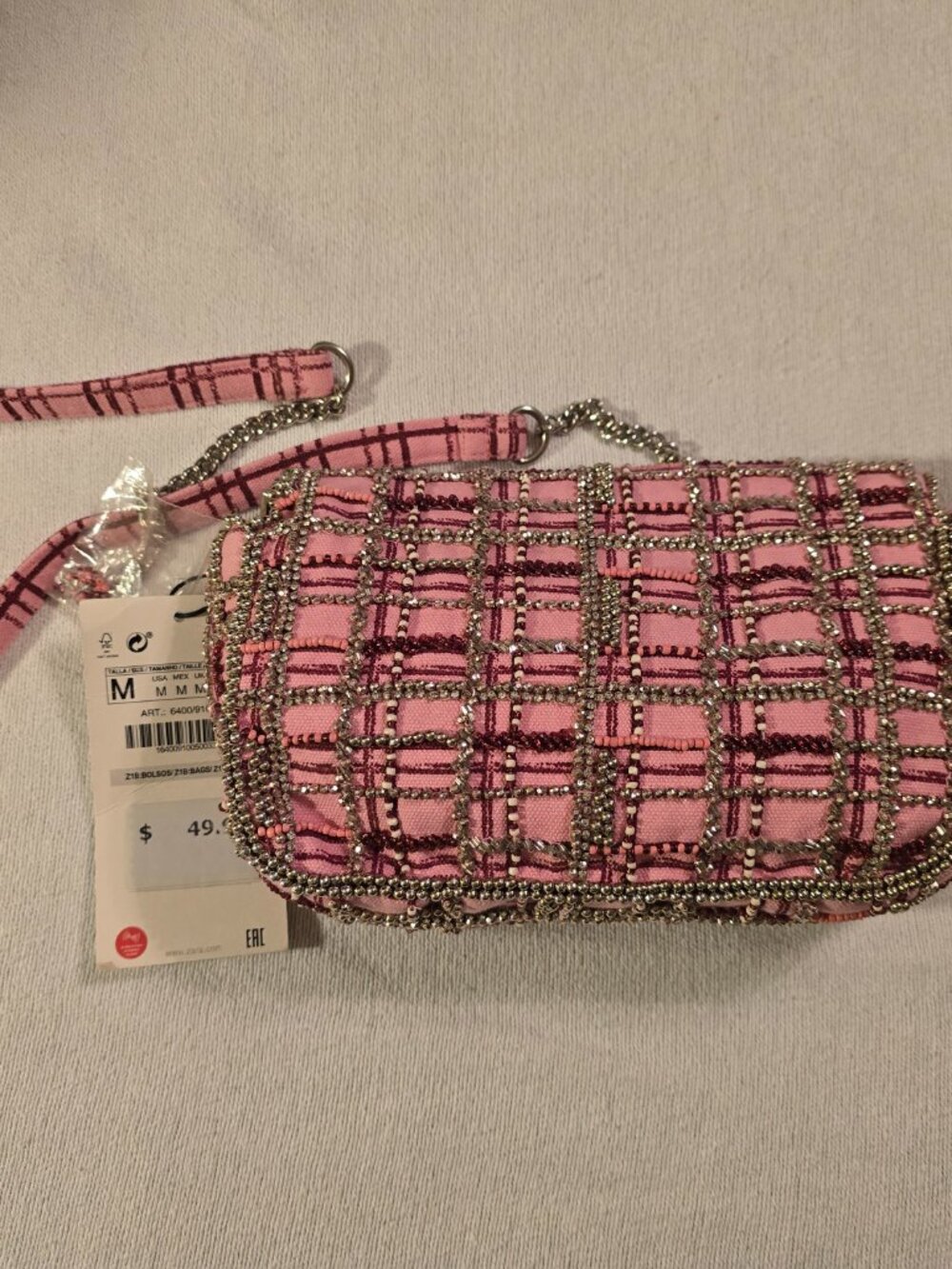 New Zara Pink Plaid Beaded Crossbody Bag With Chain Strap - Picture 10 of 16